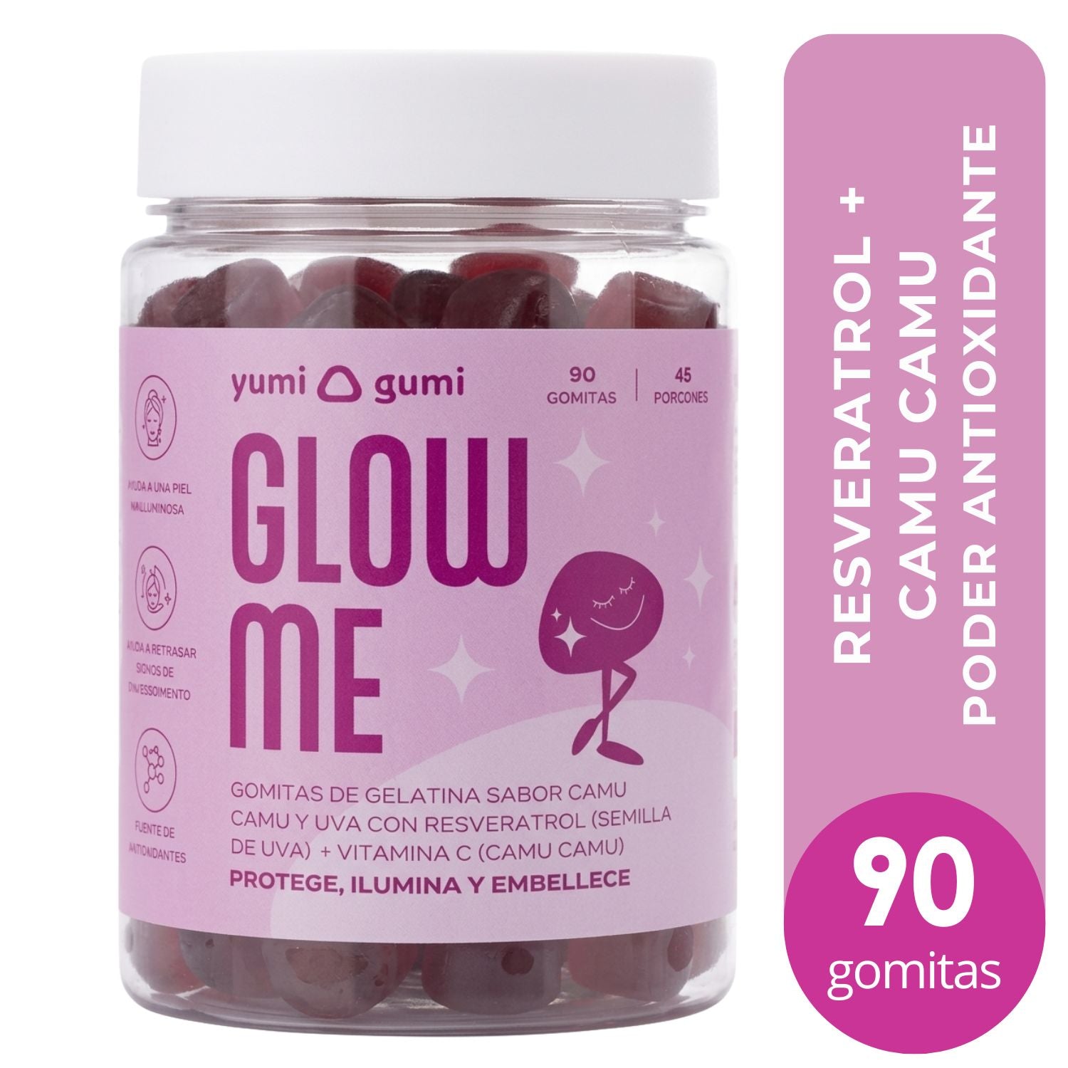 Glow Me (90 UND) | Gomitas Resveratrol sabor camu camu y uva